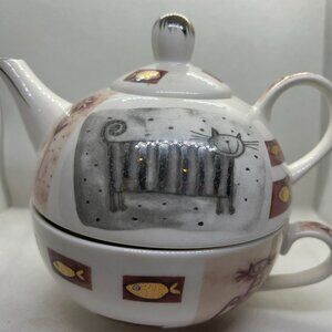 TEAPOT & Cup Set. 3-Pc Ceramic. Cat & Fish Theme!